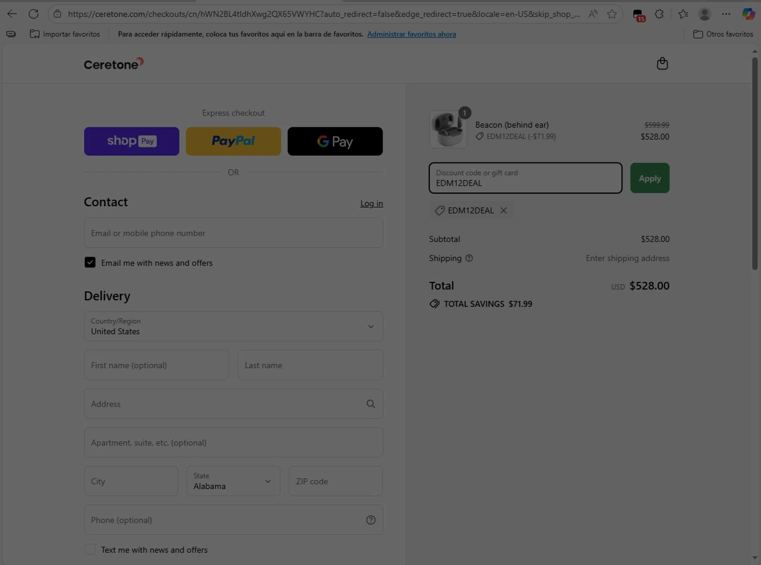 Ceretone coupon code screenshot showing code EDM12DEAL applied at Ceretone checkout page. Uploaded by SimplyCodes community member NobleLion9913 on Aug 24, 2025