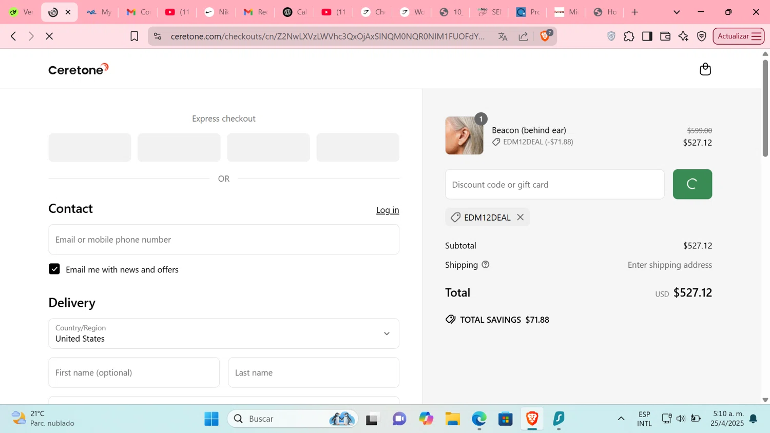 Ceretone coupon code screenshot showing code EDM12DEAL applied at Ceretone checkout page. Uploaded by SimplyCodes community member Tratala on Apr 25, 2025