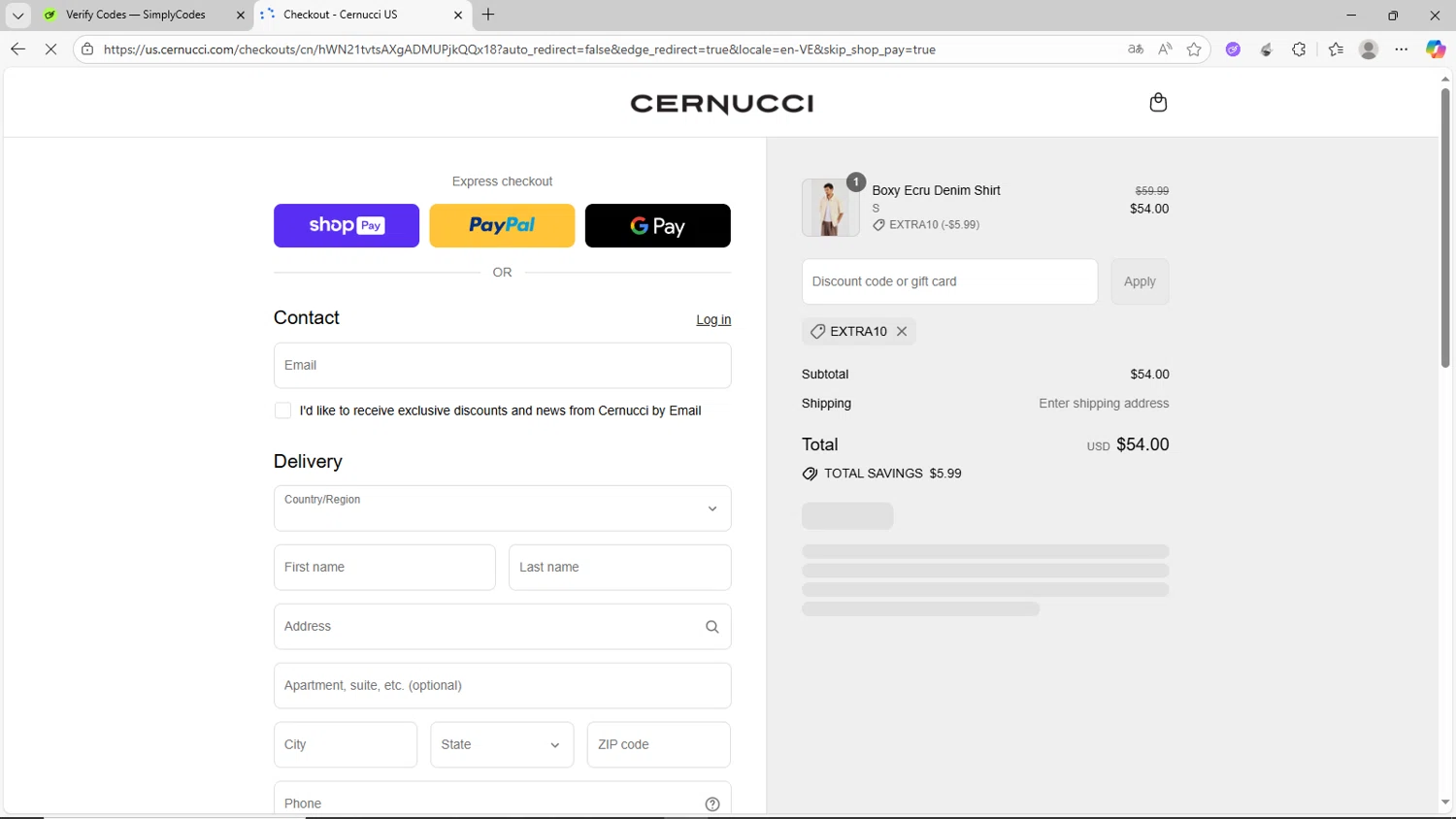 Cernucci discount code screenshot showing code EXTRA10 applied at Cernucci checkout page. Uploaded by SimplyCodes community member CrownShopper2899 on Aug 20, 2025