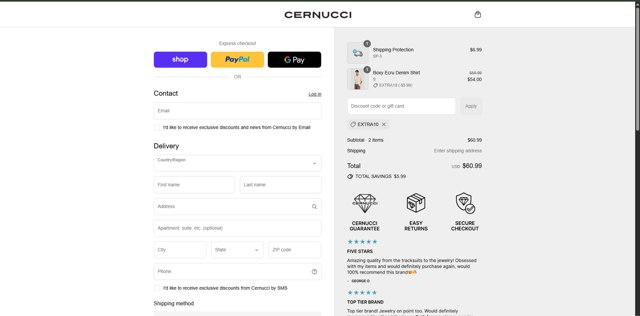 Cernucci checkout page showing Cernucci discount code box | Screenshot taken by SimplyCodes community member on Sep 2, 2025