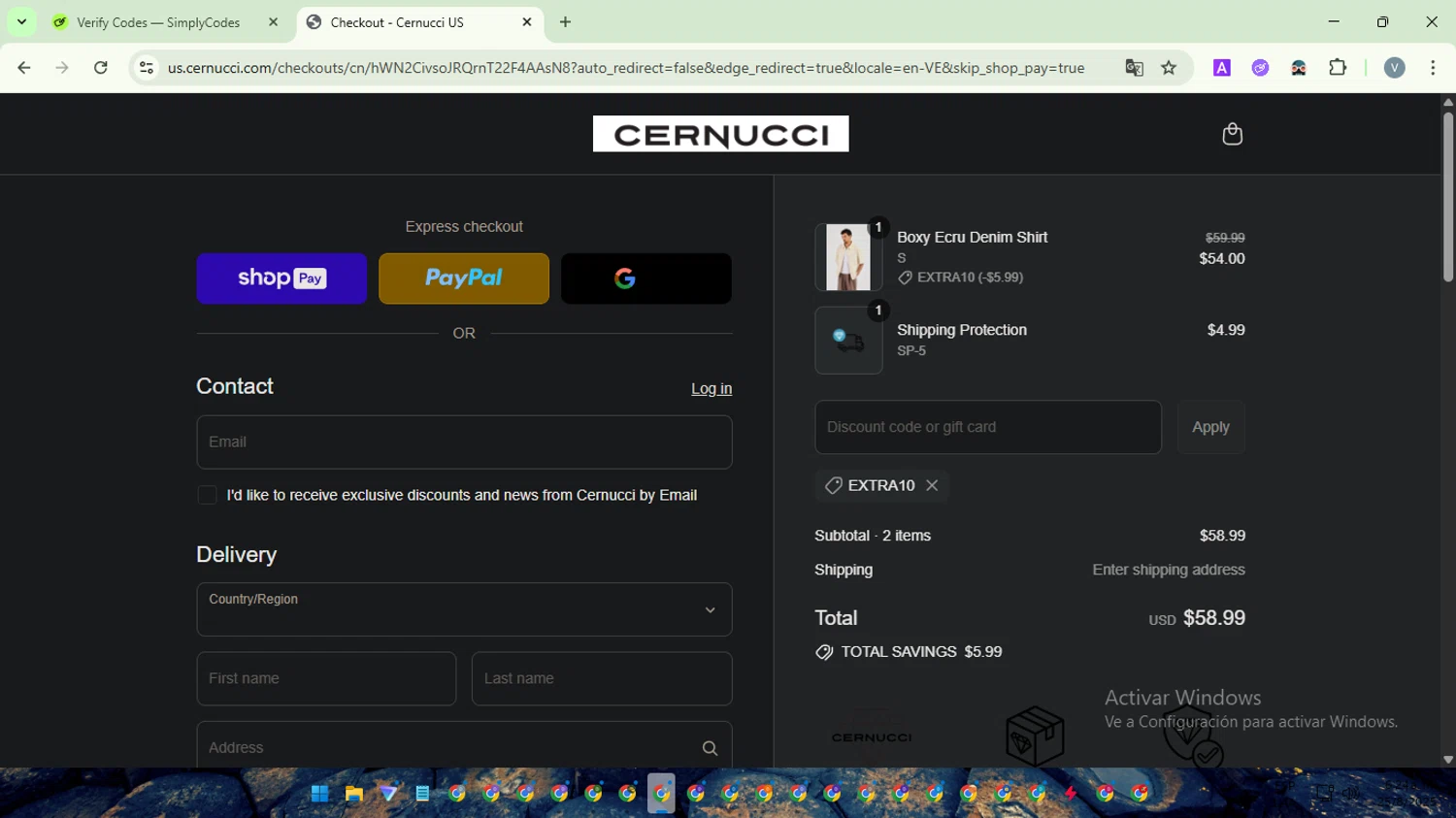 Cernucci discount code screenshot showing code EXTRA10 applied at Cernucci checkout page. Uploaded by SimplyCodes community member SwiftScout1619 on Aug 25, 2025