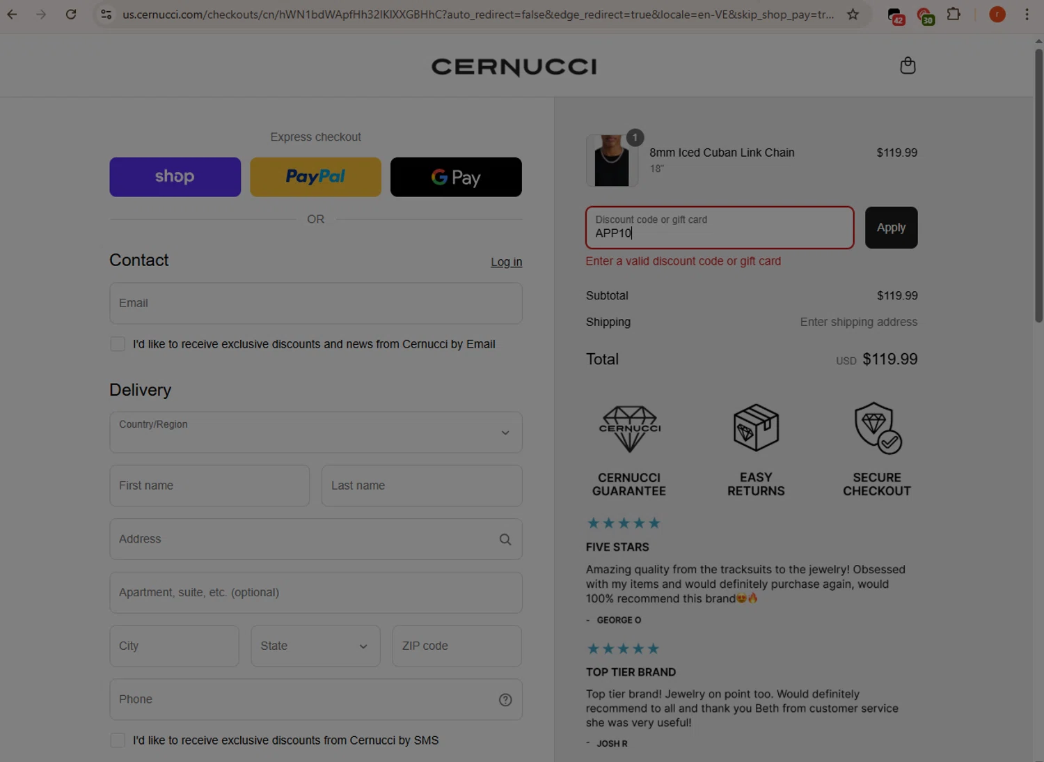 Cernucci discount code screenshot showing code APP10 applied at Cernucci checkout page. Uploaded by SimplyCodes community member CashMaverick1144 on Aug 9, 2025