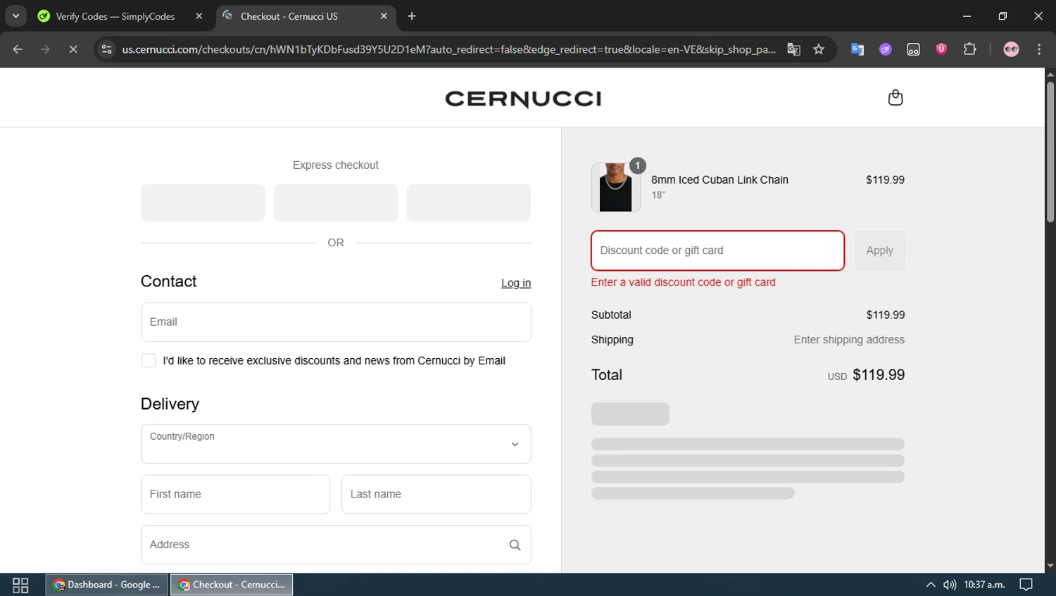 Cernucci discount code screenshot showing code APP10 applied at Cernucci checkout page. Uploaded by SimplyCodes community member TEAMSimplyCodes on Aug 9, 2025