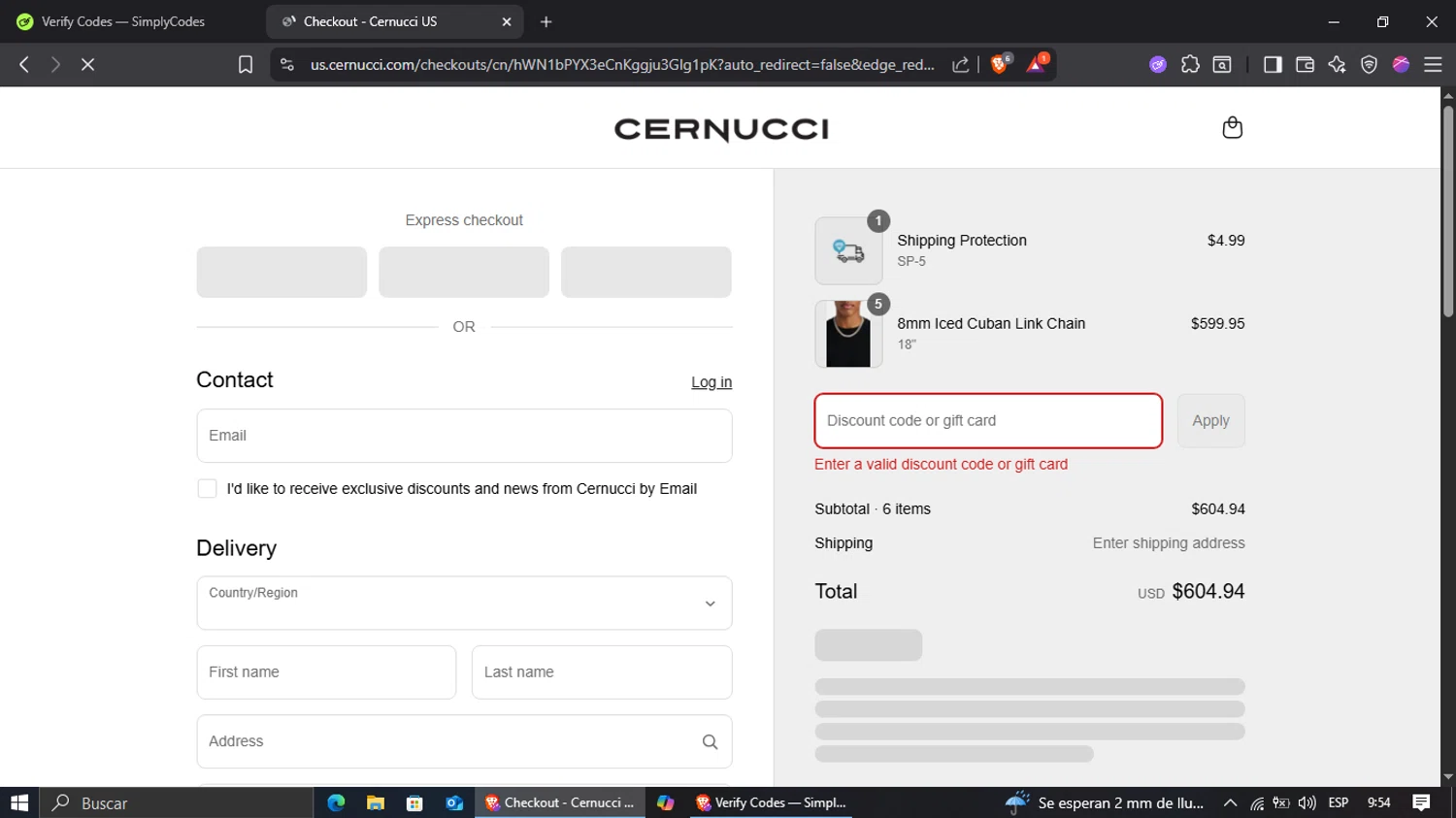 Cernucci discount code screenshot showing code APP10 applied at Cernucci checkout page. Uploaded by SimplyCodes community member jairinho on Aug 9, 2025