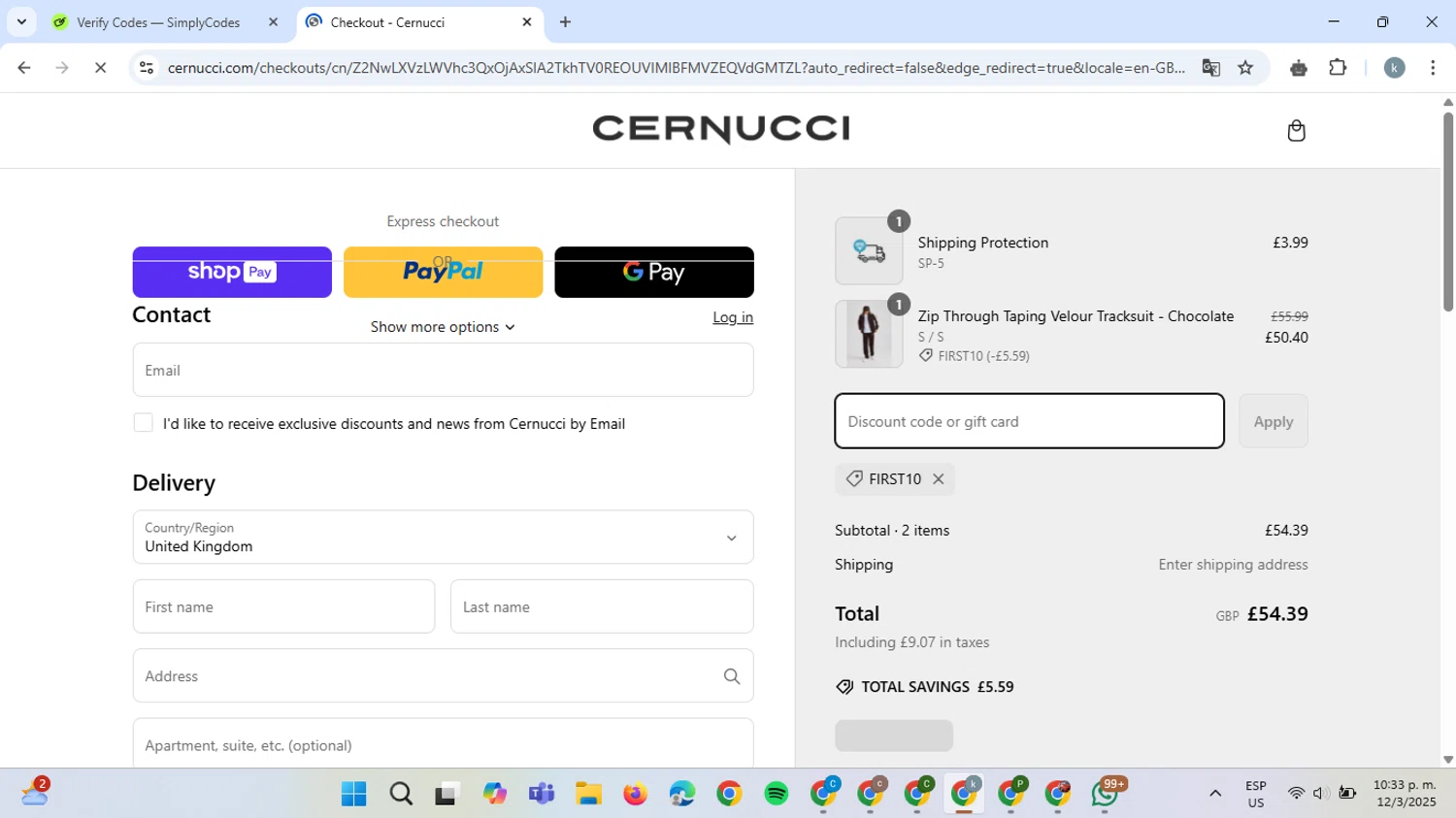 Cernucci discount code screenshot showing code FIRST10 applied at Cernucci checkout page. Uploaded by SimplyCodes community member ValiantCaptain6560 on Mar 13, 2025