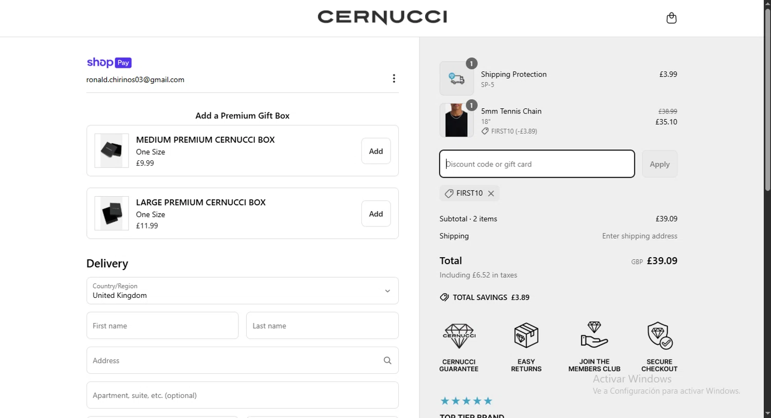 Cernucci discount code screenshot showing code FIRST10 applied at Cernucci checkout page. Uploaded by SimplyCodes community member PennySage5996 on Apr 12, 2025