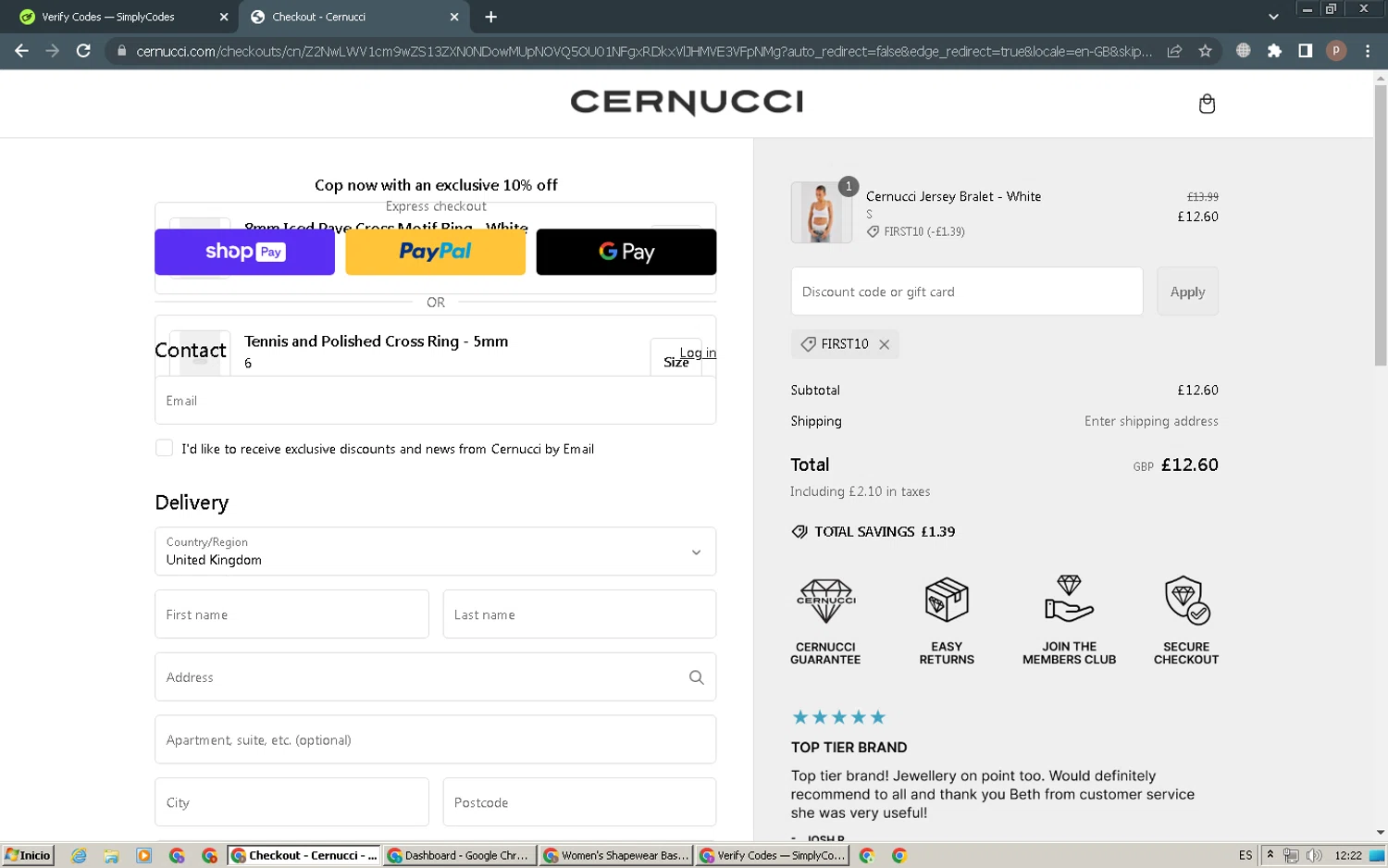 Cernucci discount code screenshot showing code FIRST10 applied at Cernucci checkout page. Uploaded by SimplyCodes community member RoyalSleuth6331 on Feb 17, 2025
