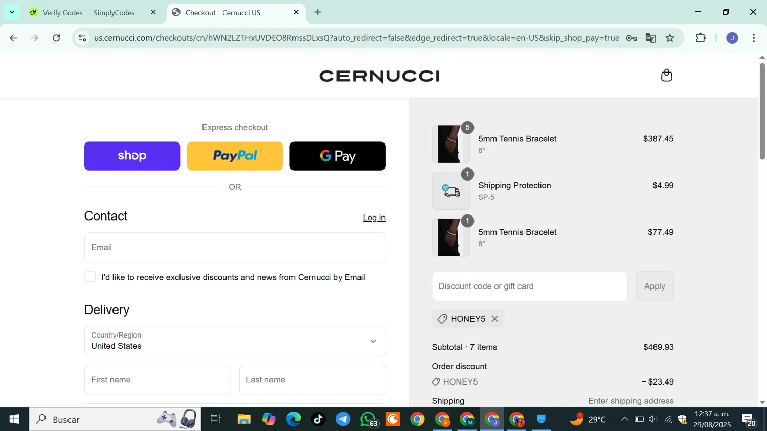 Cernucci discount code screenshot showing code HONEY5 applied at Cernucci checkout page. Uploaded by SimplyCodes community member DiscountSleuth6807 on Aug 29, 2025