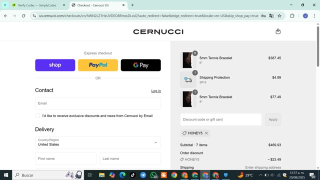 Cernucci checkout page showing Cernucci discount code box | Screenshot taken by SimplyCodes community member on Aug 29, 2025