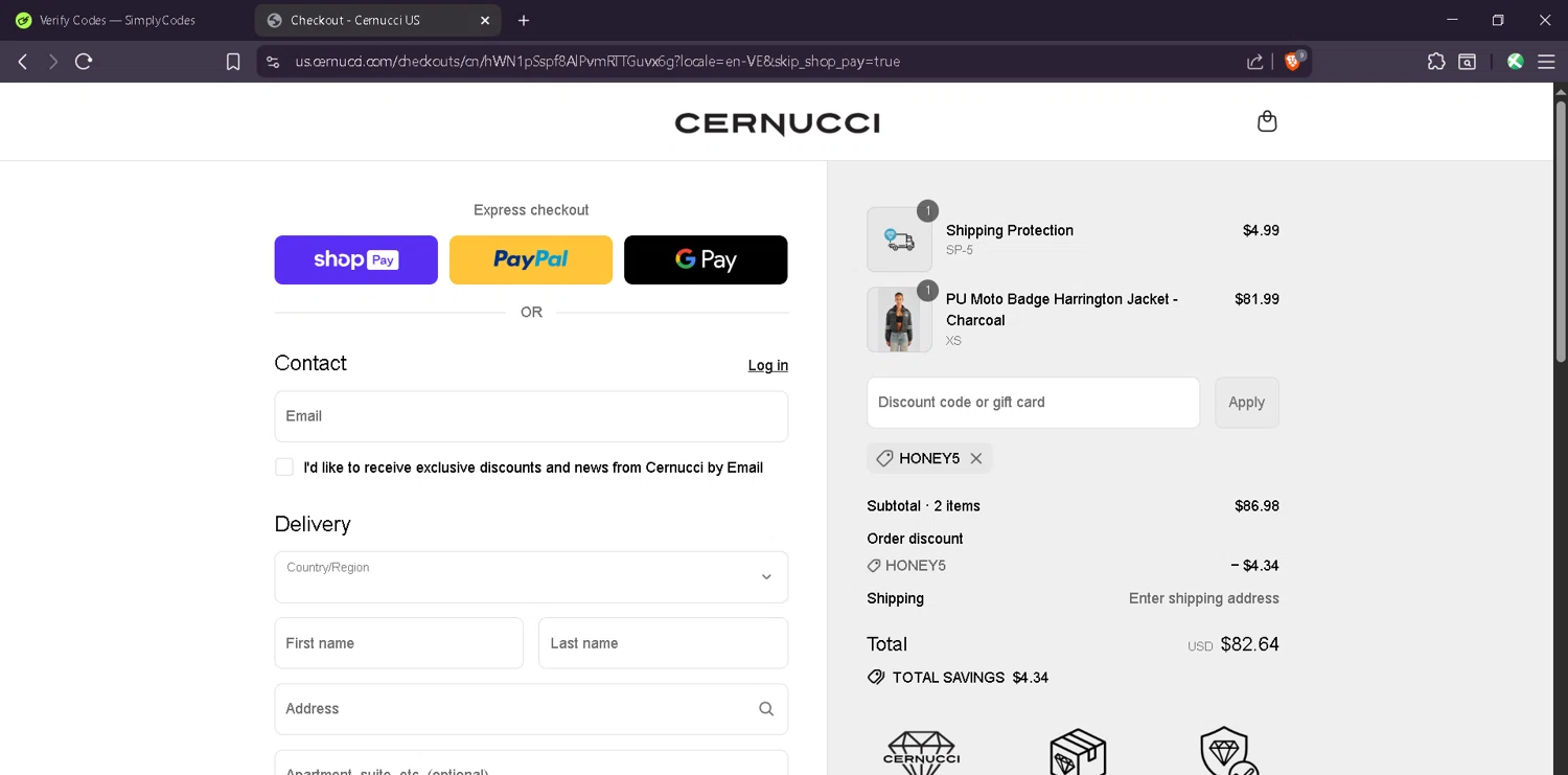 Cernucci discount code screenshot showing code HONEY5 applied at Cernucci checkout page. Uploaded by SimplyCodes community member Estefani4 on Aug 15, 2025