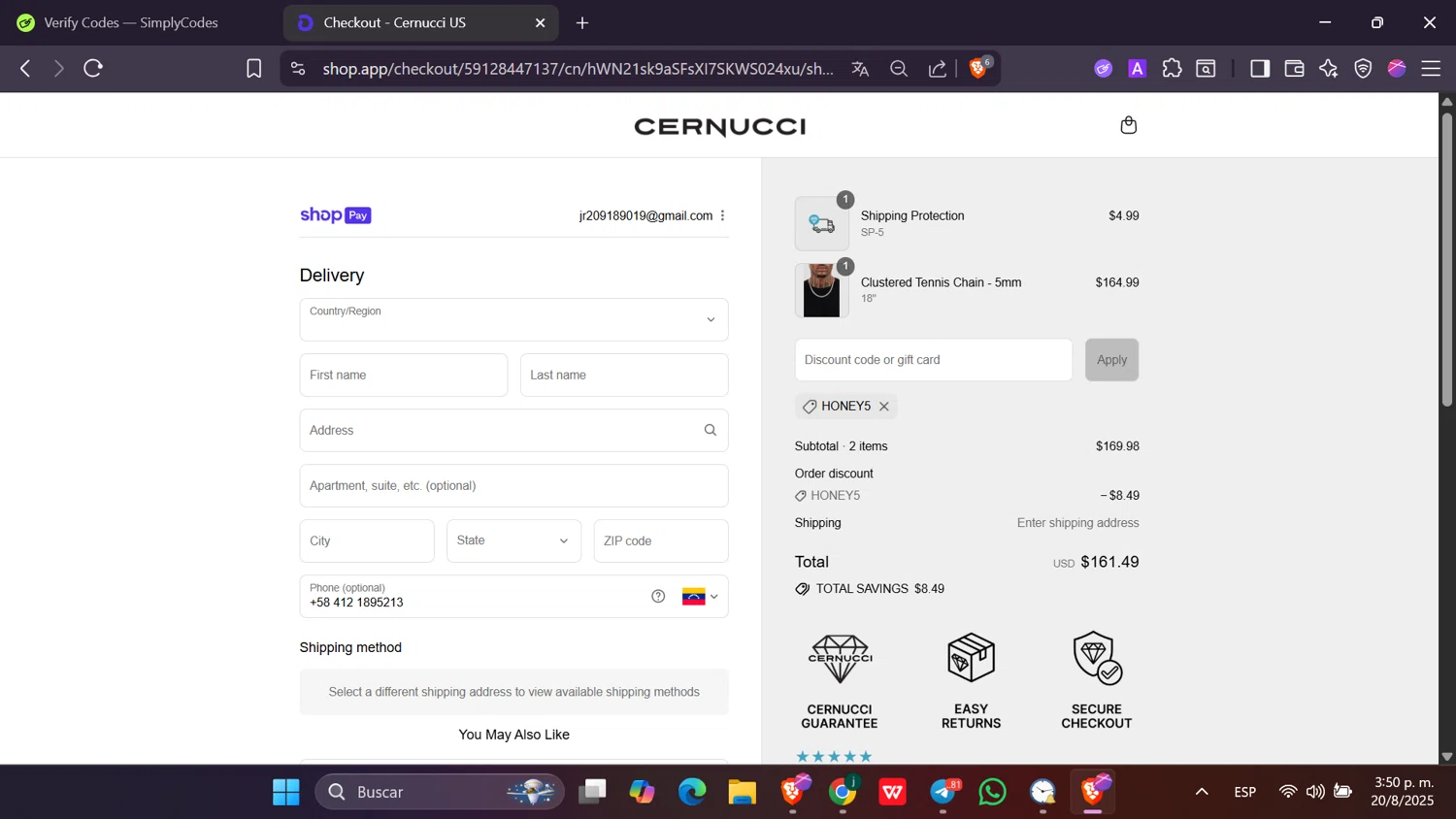 Cernucci discount code screenshot showing code HONEY5 applied at Cernucci checkout page. Uploaded by SimplyCodes community member Toji_fushiguro on Aug 20, 2025