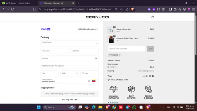 Cernucci checkout page showing Cernucci discount code box | Screenshot taken by SimplyCodes community member on Aug 20, 2025