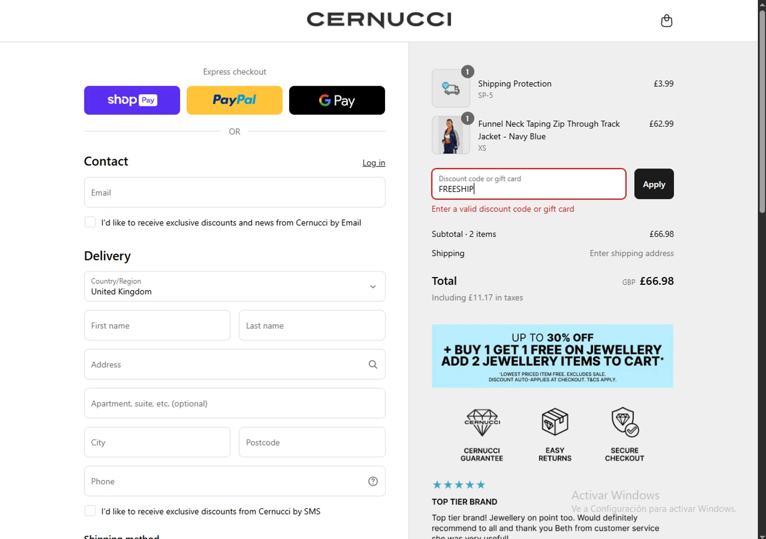 Cernucci discount code screenshot showing code FREESHIP applied at Cernucci checkout page. Uploaded by SimplyCodes community member TreasureHero9595 on Aug 28, 2025