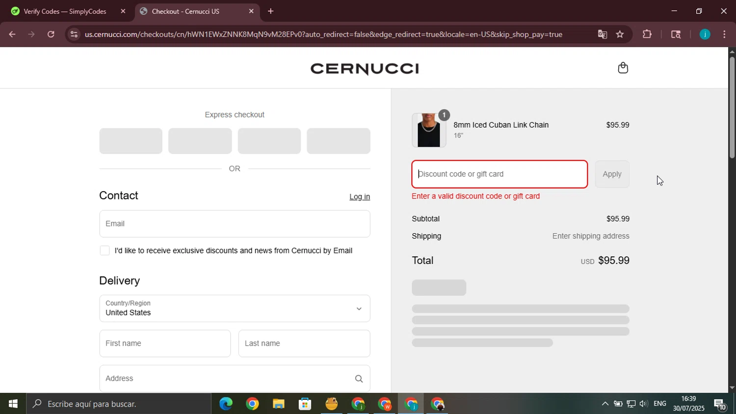 Cernucci discount code screenshot showing code FREESHIP applied at Cernucci checkout page. Uploaded by SimplyCodes community member juanjo2 on Jul 30, 2025