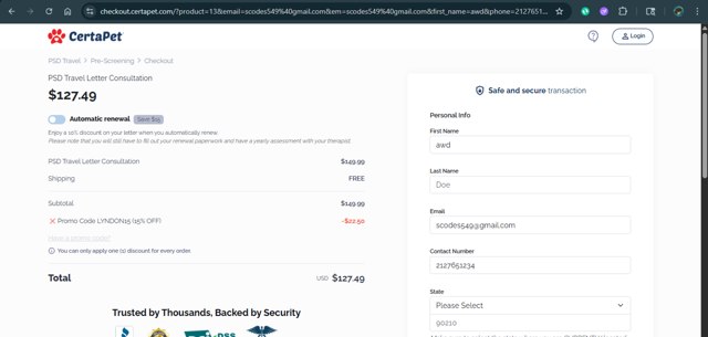CertaPet checkout page showing CertaPet promo code box | Screenshot taken by SimplyCodes community member on Aug 1, 2025