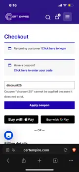 Cert Empire coupon verification screenshot