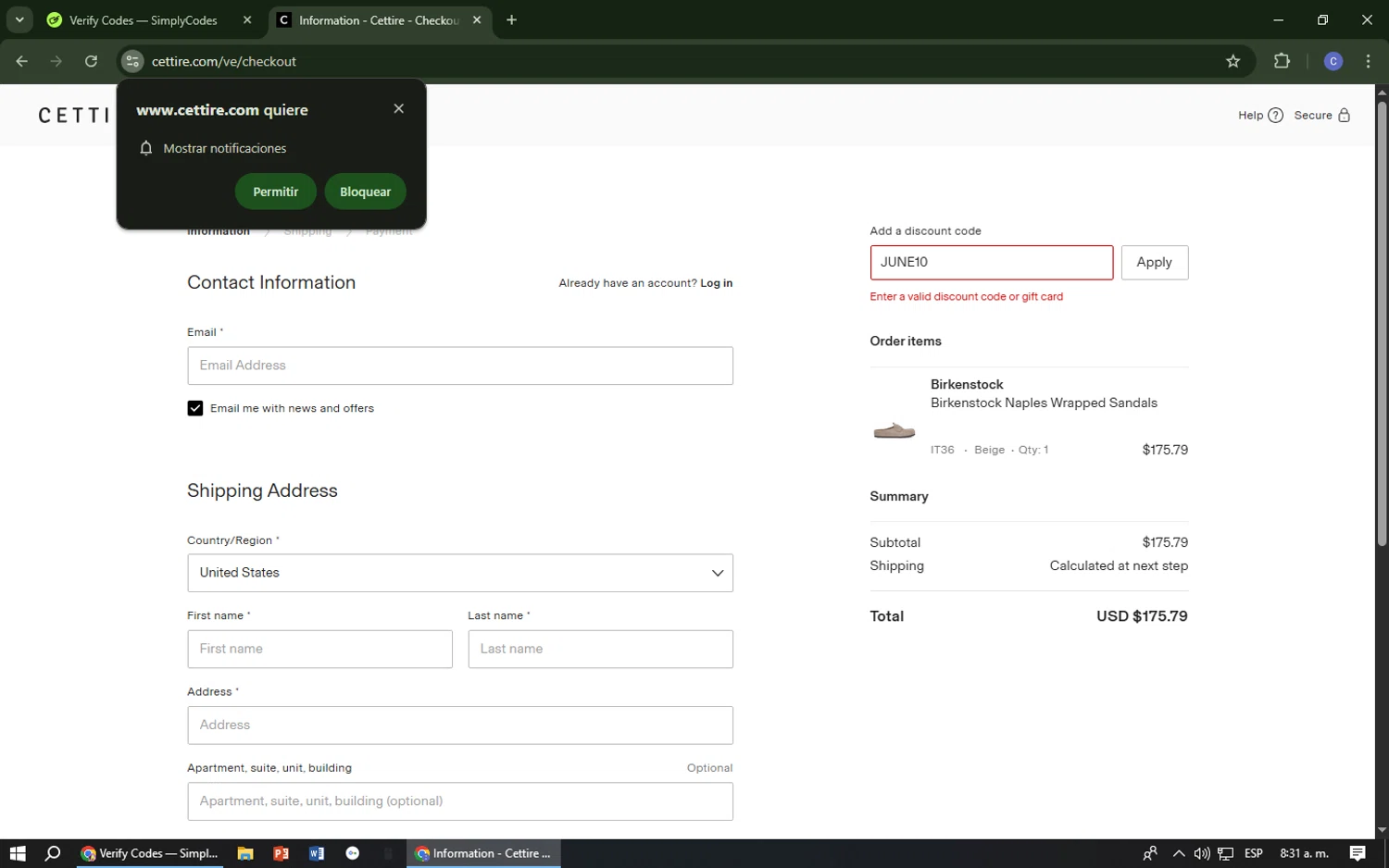 Cettire discount code screenshot showing code JUNE10 applied at Cettire checkout page. Uploaded by SimplyCodes community member Cr7aveiro on Jun 27, 2025