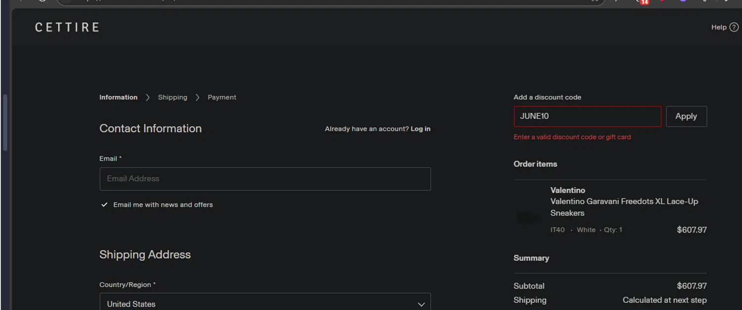 Cettire discount code screenshot showing code JUNE10 applied at Cettire checkout page. Uploaded by SimplyCodes community member Gianpiero on Jun 27, 2025