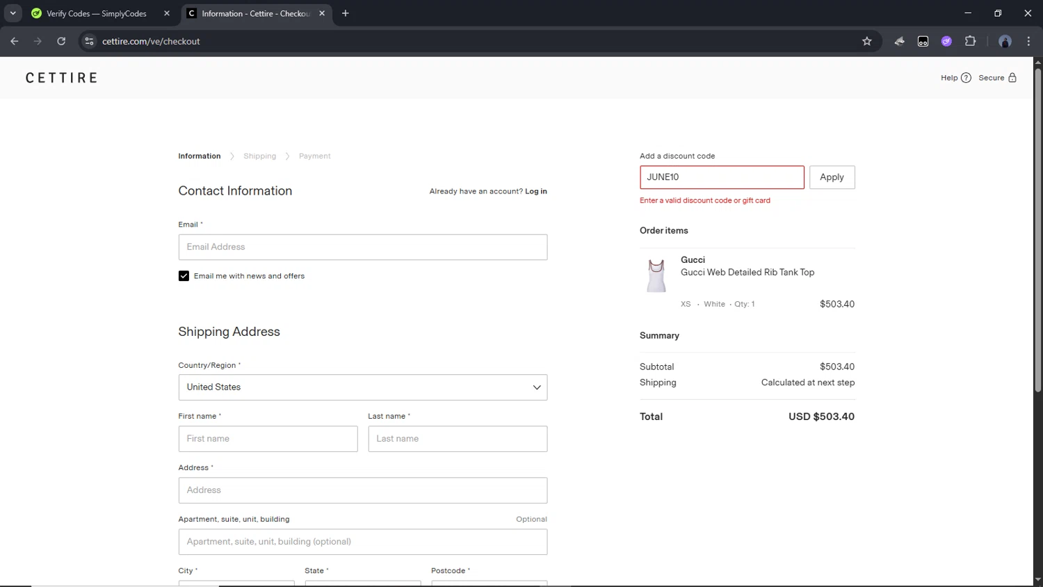 Cettire discount code screenshot showing code JUNE10 applied at Cettire checkout page. Uploaded by SimplyCodes community member Time_sin_filtro on Jun 27, 2025