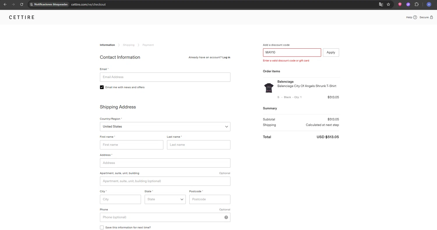 Cettire discount code screenshot showing code MAY10 applied at Cettire checkout page. Uploaded by SimplyCodes community member DealPioneer9231 on Jun 1, 2025