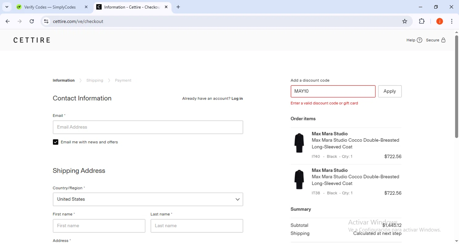 Cettire discount code screenshot showing code MAY10 applied at Cettire checkout page. Uploaded by SimplyCodes community member SAIKOO on Jun 1, 2025