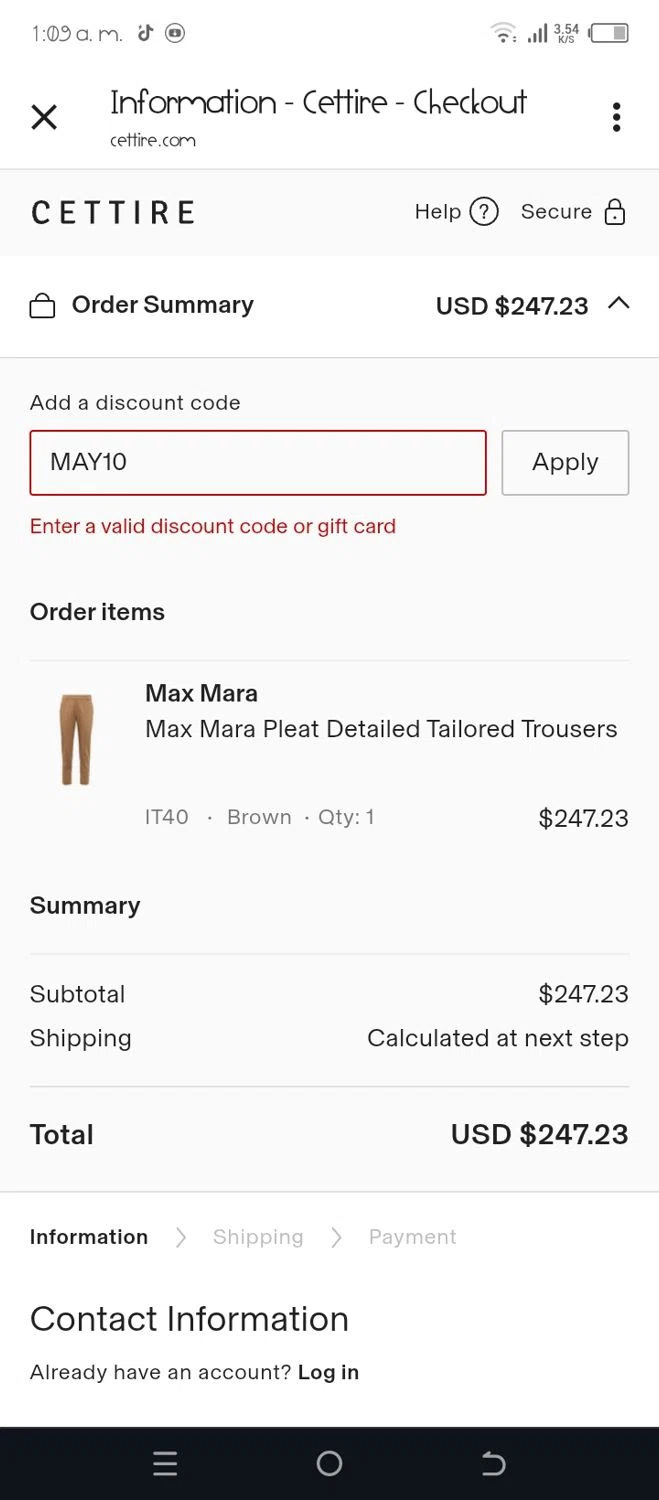 Cettire discount code screenshot showing code MAY10 applied at Cettire checkout page. Uploaded by SimplyCodes community member yubligil on Jun 1, 2025
