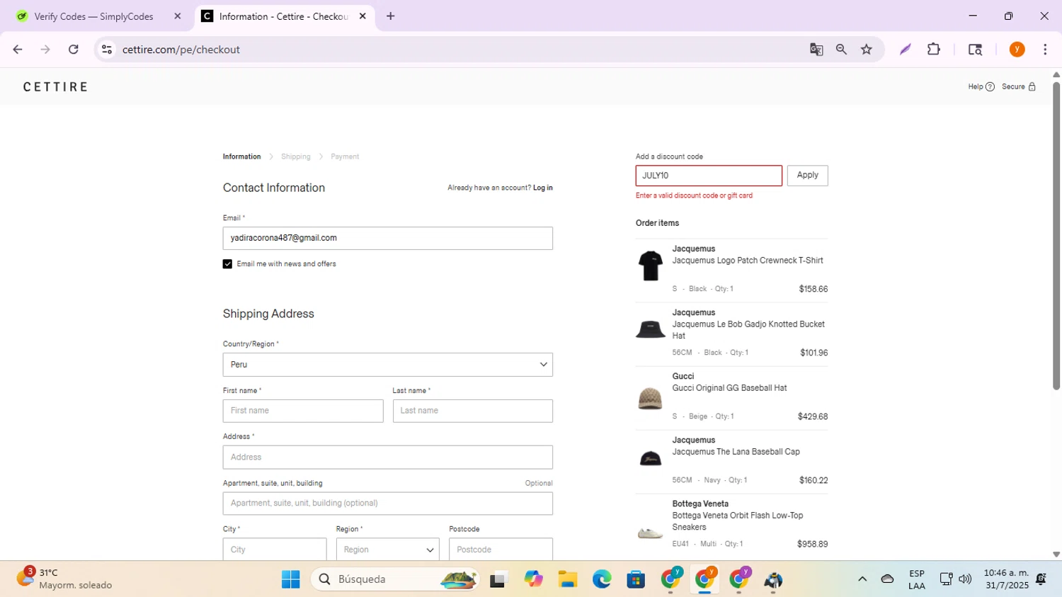 Cettire discount code screenshot showing code JULY10 applied at Cettire checkout page. Uploaded by SimplyCodes community member ycg487 on Jul 31, 2025