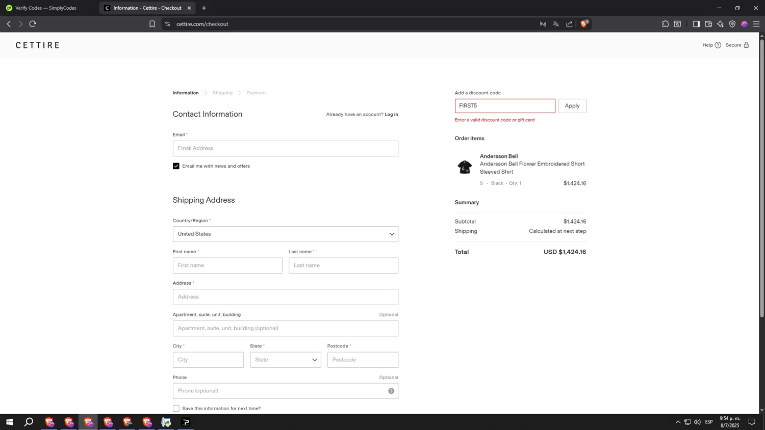 Cettire discount code screenshot showing code FIRST5 applied at Cettire checkout page. Uploaded by SimplyCodes community member SinManosFast on Jul 9, 2025