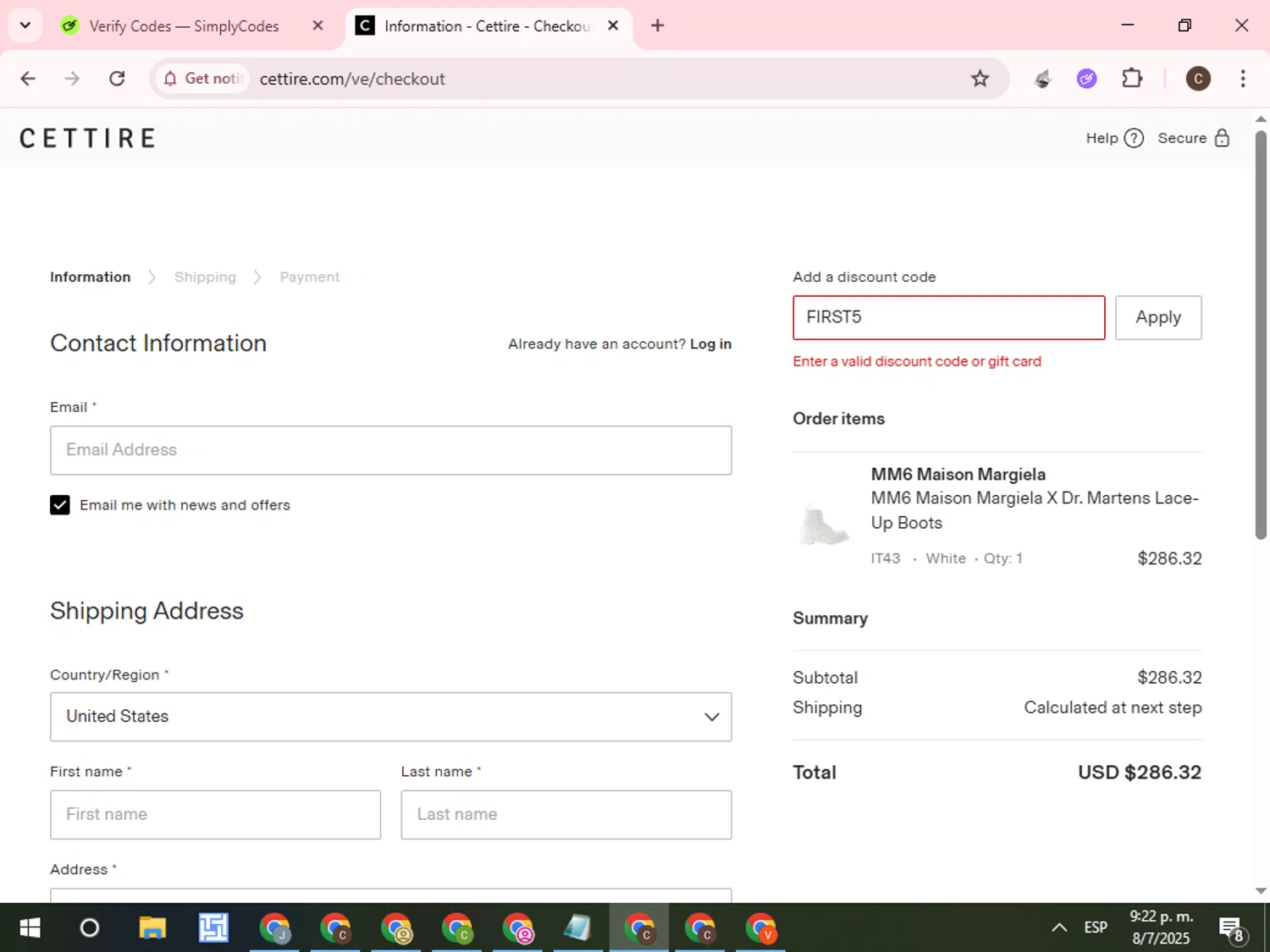 Cettire discount code screenshot showing code FIRST5 applied at Cettire checkout page. Uploaded by SimplyCodes community member WonderCurator7831 on Jul 9, 2025