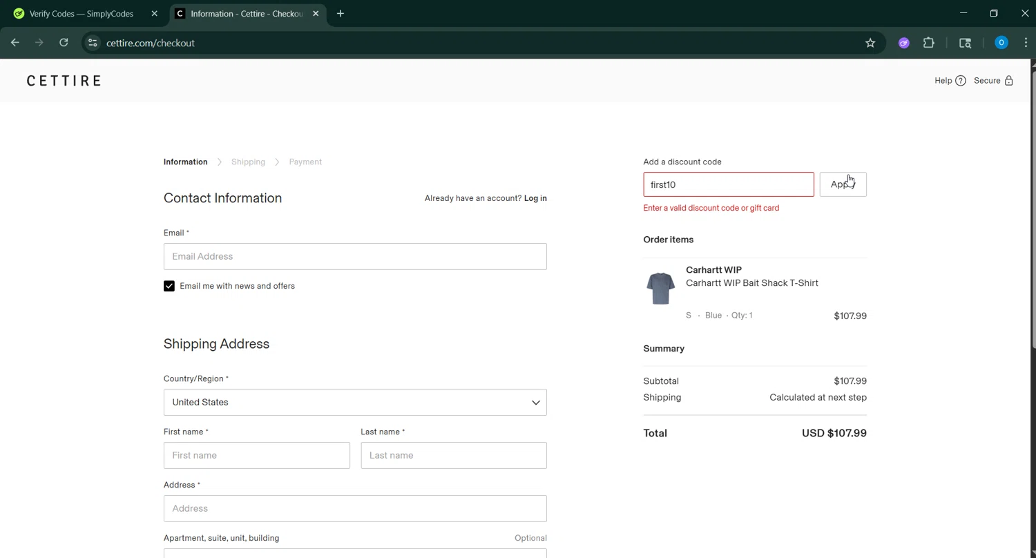 Cettire discount code screenshot showing code first10 applied at Cettire checkout page. Uploaded by SimplyCodes community member _____________ on Aug 27, 2025