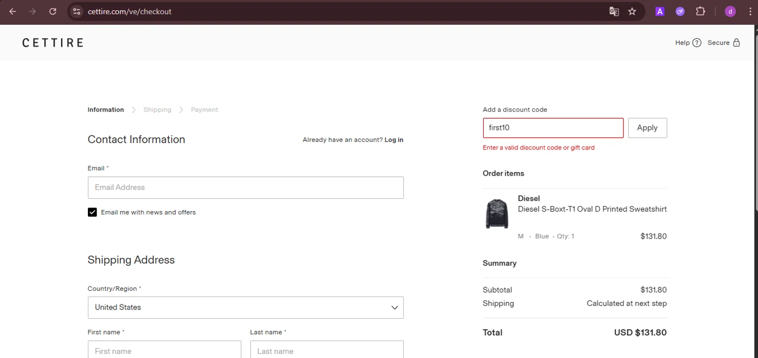 Cettire discount code screenshot showing code first10 applied at Cettire checkout page. Uploaded by SimplyCodes community member PennyTiger4891 on Aug 27, 2025