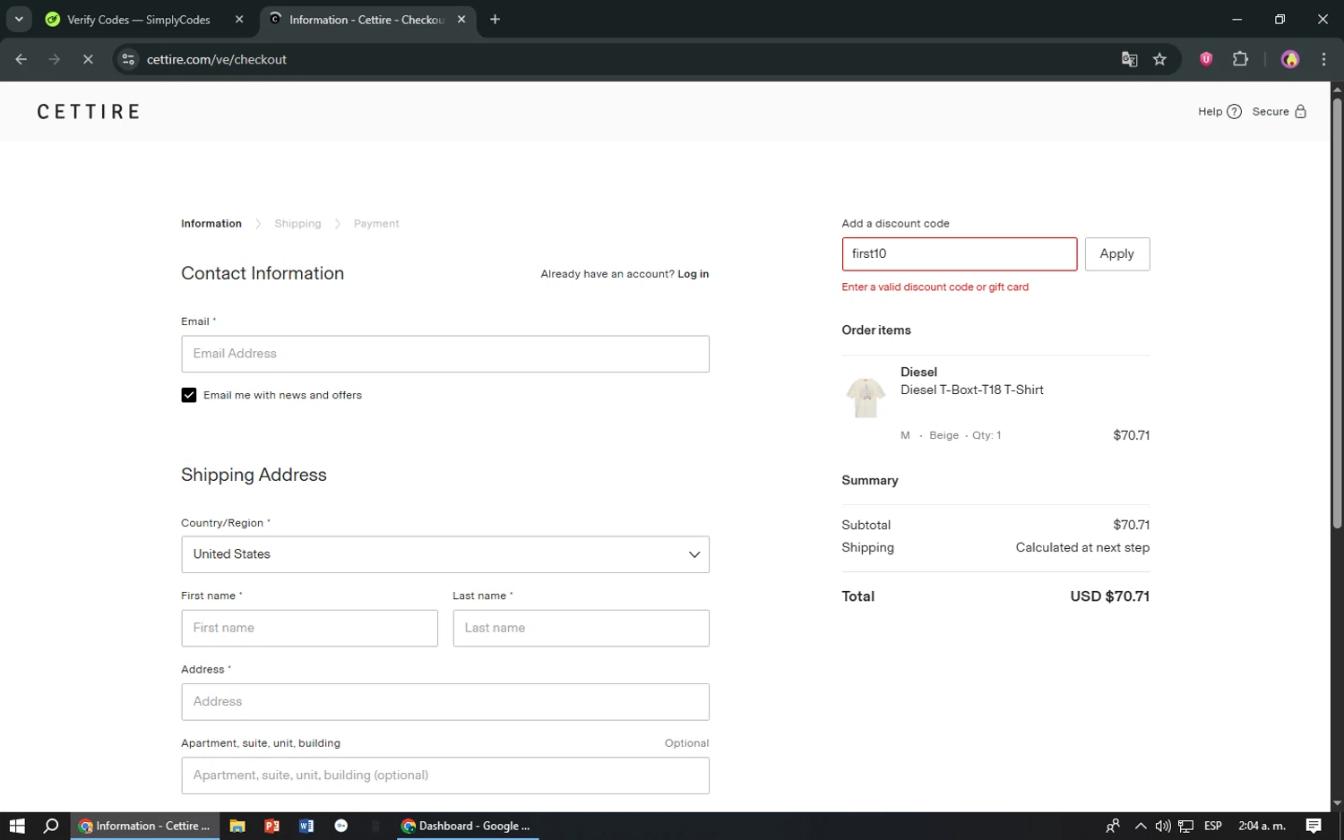 Cettire discount code screenshot showing code first10 applied at Cettire checkout page. Uploaded by SimplyCodes community member TreasureShopper9156 on Aug 27, 2025