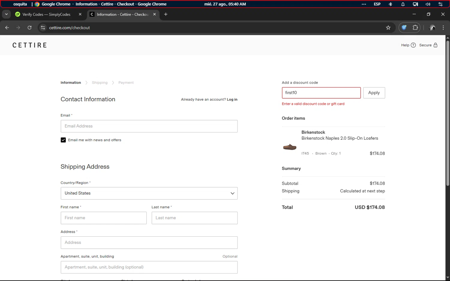 Cettire discount code screenshot showing code first10 applied at Cettire checkout page. Uploaded by SimplyCodes community member hgjgjhgkgjhgjgkjghj on Aug 27, 2025