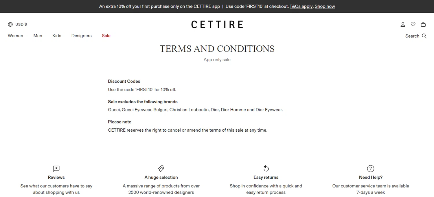Cettire discount code screenshot showing code FIRST10 applied at Cettire checkout page. Uploaded by SimplyCodes community member bettercallkim on Aug 28, 2025