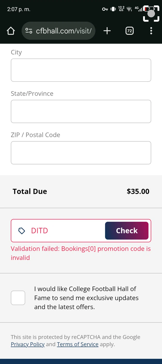 College Football Hall of Fame promo code screenshot showing code DITD applied at College Football Hall of Fame checkout page. Uploaded by SimplyCodes community member Ryan_Garcia on Oct 4, 2025