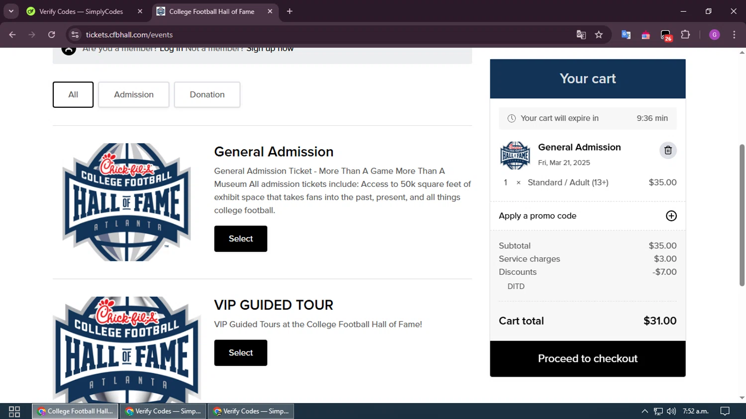 College Football Hall of Fame promo code screenshot showing code DITD applied at College Football Hall of Fame checkout page. Uploaded by SimplyCodes community member RewardHero5435 on Mar 18, 2025