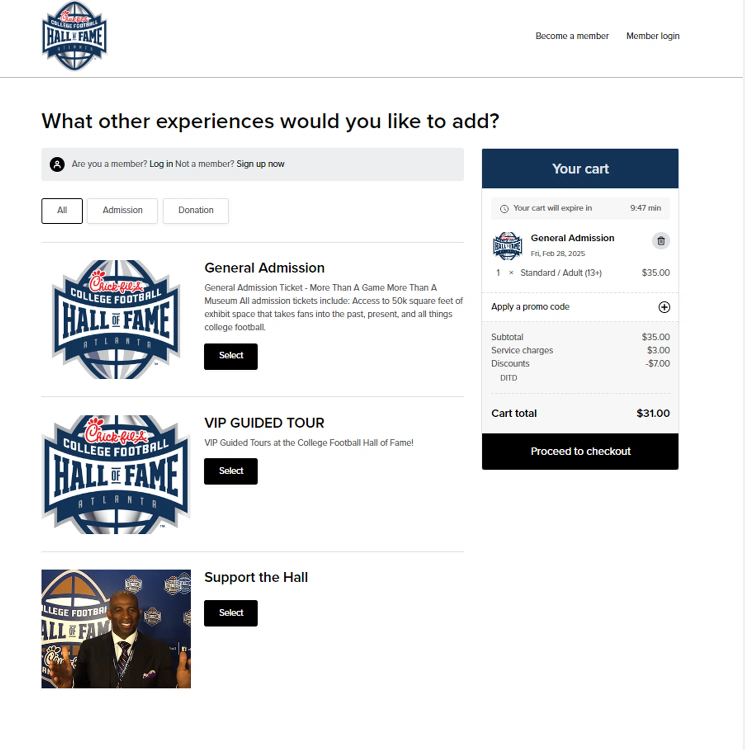 College Football Hall of Fame checkout page showing College Football Hall of Fame promo code box | Screenshot taken by SimplyCodes community member on Feb 26, 2025