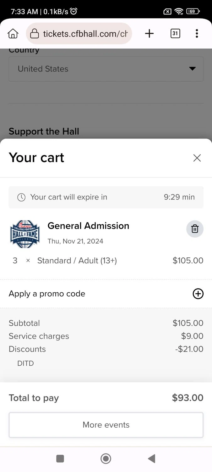 College Football Hall of Fame checkout page showing College Football Hall of Fame promo code box | Screenshot taken by SimplyCodes community member on Nov 19, 2024