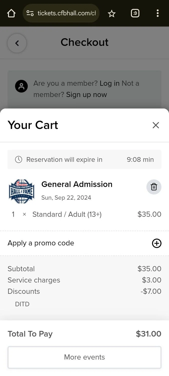 College Football Hall of Fame checkout page showing College Football Hall of Fame promo code box | Screenshot taken by SimplyCodes community member on Sep 22, 2024
