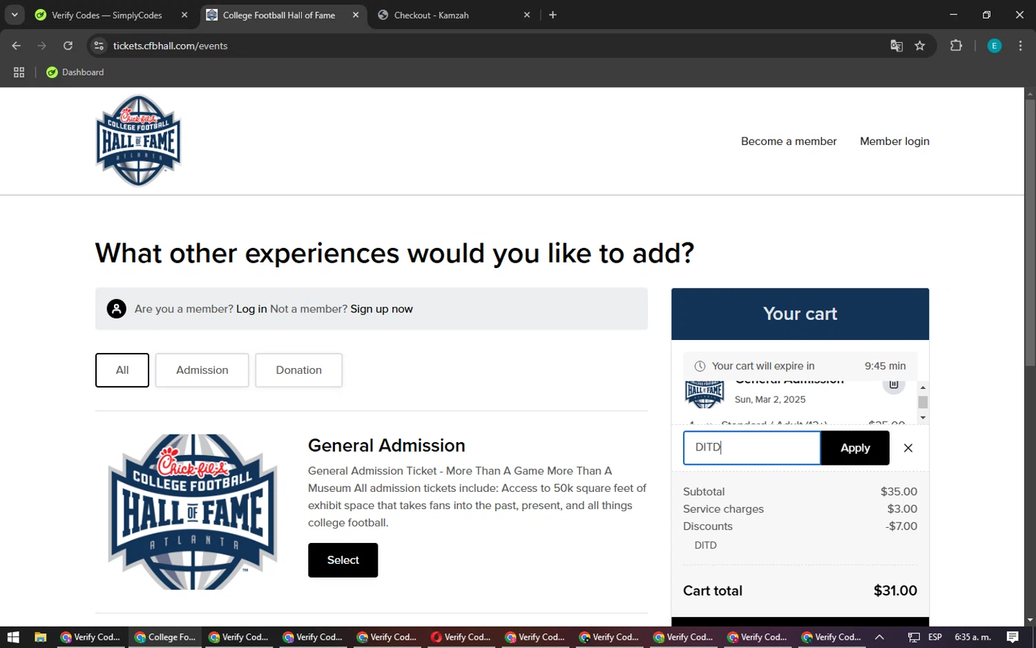 College Football Hall of Fame checkout page showing College Football Hall of Fame promo code box | Screenshot taken by SimplyCodes community member on Feb 26, 2025