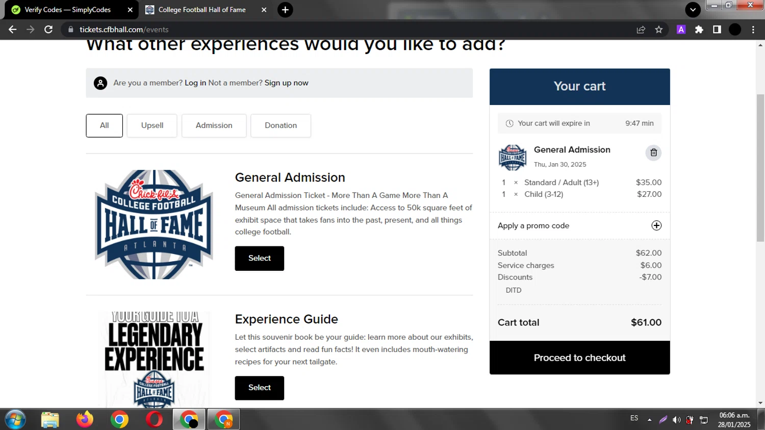 College Football Hall of Fame checkout page showing College Football Hall of Fame promo code box | Screenshot taken by SimplyCodes community member on Jan 28, 2025