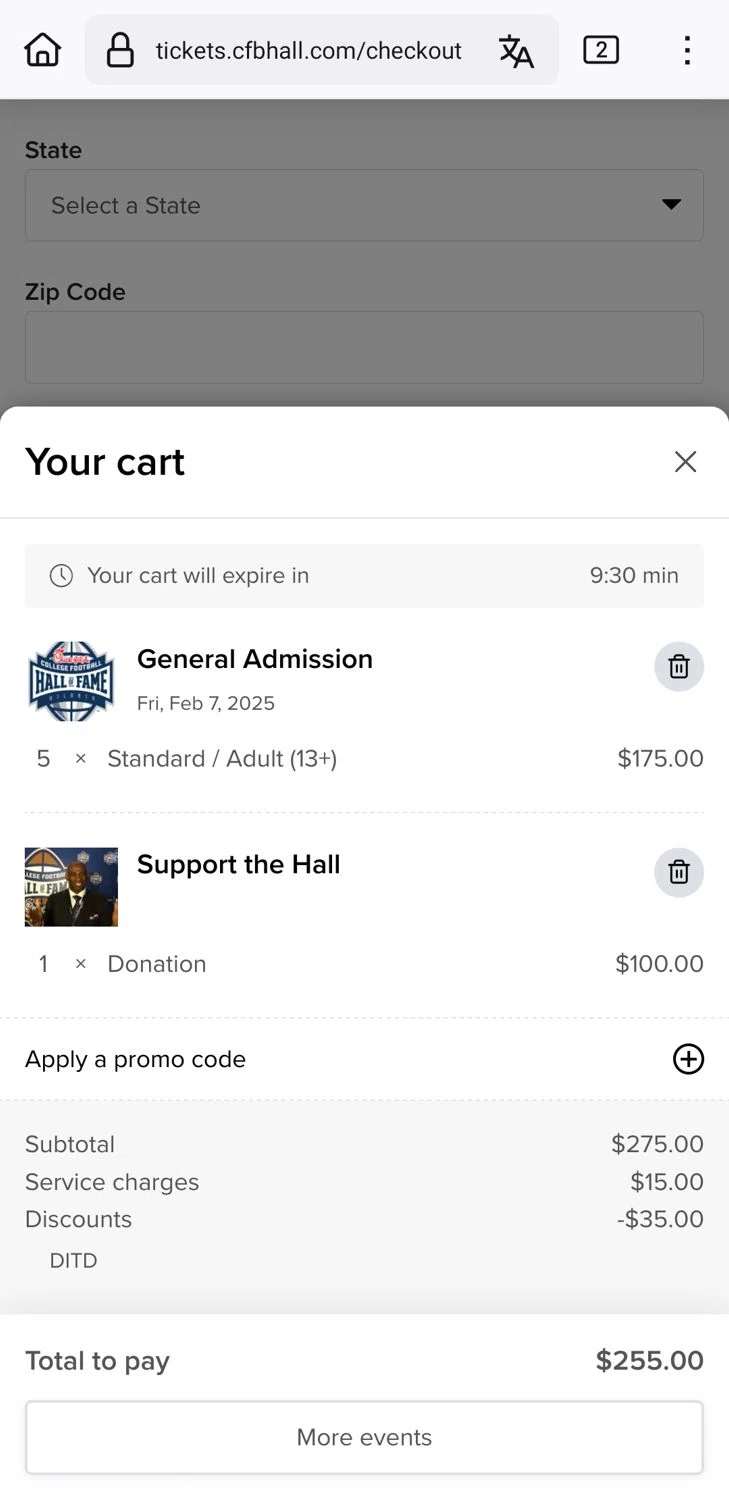 College Football Hall of Fame checkout page showing College Football Hall of Fame promo code box | Screenshot taken by SimplyCodes community member on Jan 28, 2025