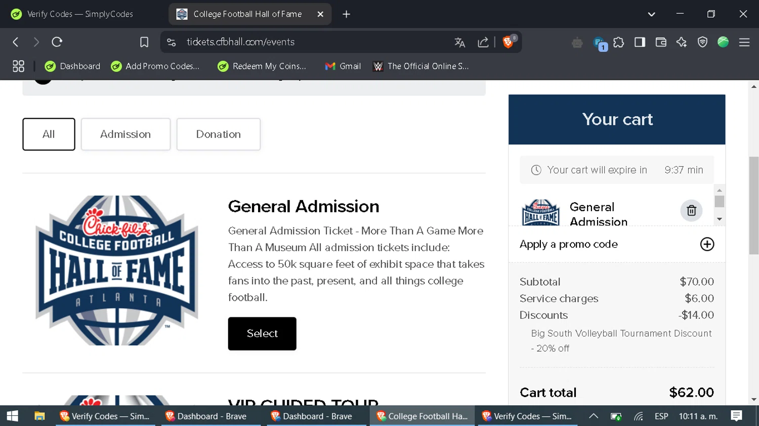 College Football Hall of Fame promo code screenshot showing code BIGSOUTH2025 applied at College Football Hall of Fame checkout page. Uploaded by SimplyCodes community member SaleAdmiral9379 on Mar 28, 2025