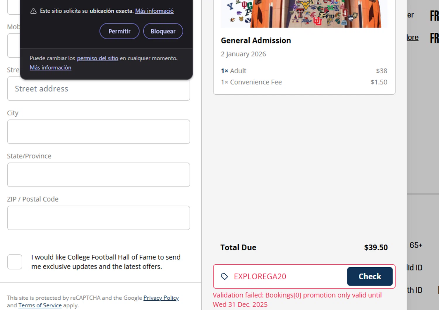 College Football Hall of Fame promo code screenshot showing code EXPLOREGA20 applied at College Football Hall of Fame checkout page. Uploaded by SimplyCodes community member Dejadepicharme on Jan 2, 2026