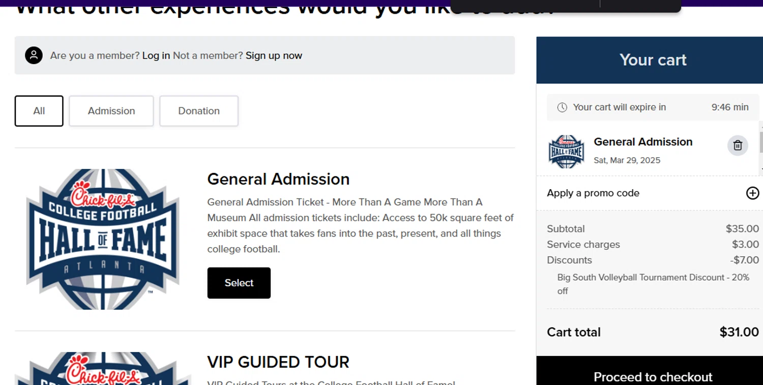 College Football Hall of Fame promo code screenshot showing code BIGSOUTH2025 applied at College Football Hall of Fame checkout page. Uploaded by SimplyCodes community member RickhiK on Mar 28, 2025