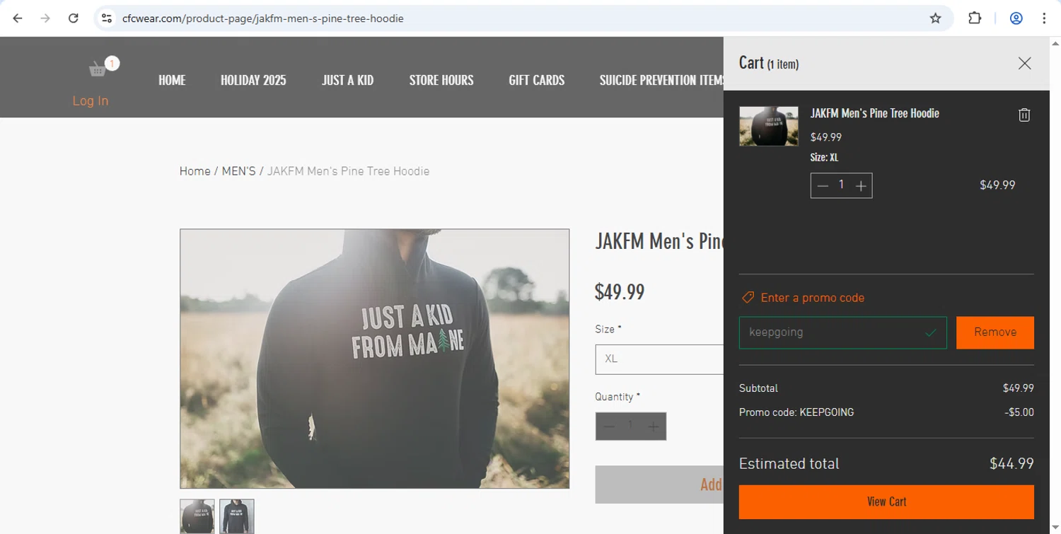 CFC WEAR checkout page showing CFC WEAR promo code box | Screenshot taken by SimplyCodes community member on Dec 2, 2025