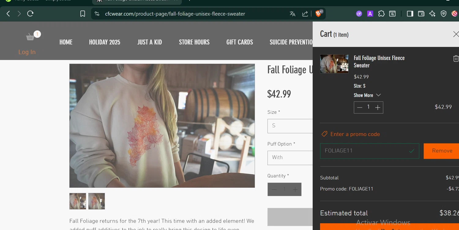 CFC WEAR promo code screenshot showing code FOLIAGE11 applied at CFC WEAR checkout page. Uploaded by SimplyCodes community member PennyCaptain4684 on Dec 3, 2025