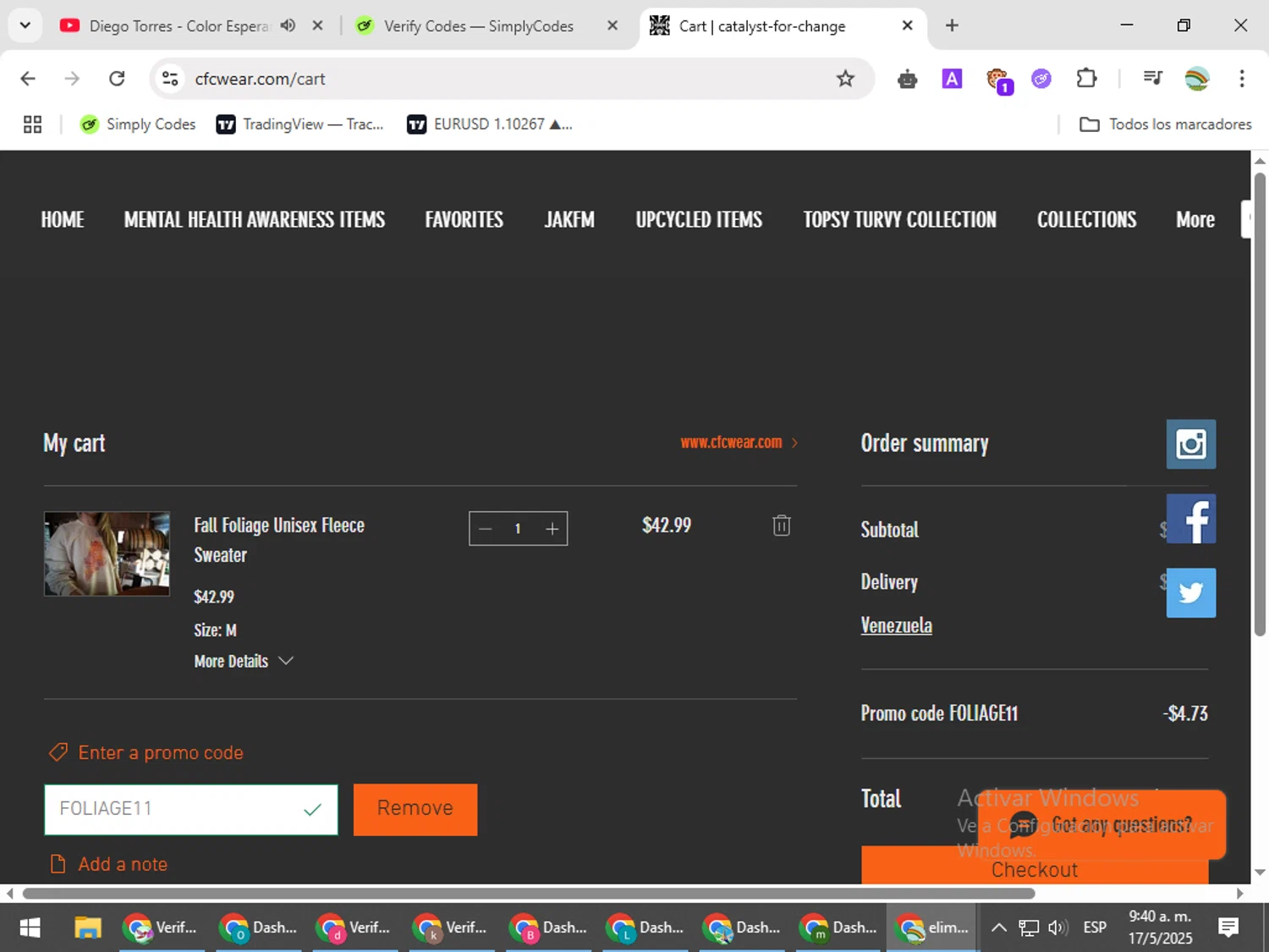 CFC WEAR promo code screenshot showing code FOLIAGE11 applied at CFC WEAR checkout page. Uploaded by SimplyCodes community member CoinMaven5220 on May 17, 2025