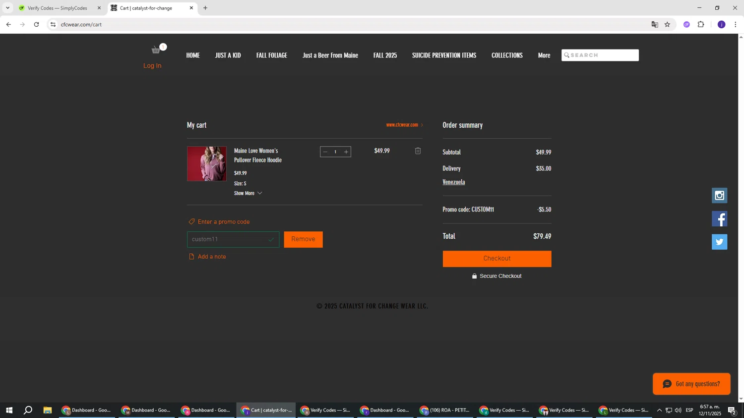 CFC WEAR checkout page showing CFC WEAR promo code box | Screenshot taken by SimplyCodes community member on Nov 12, 2025