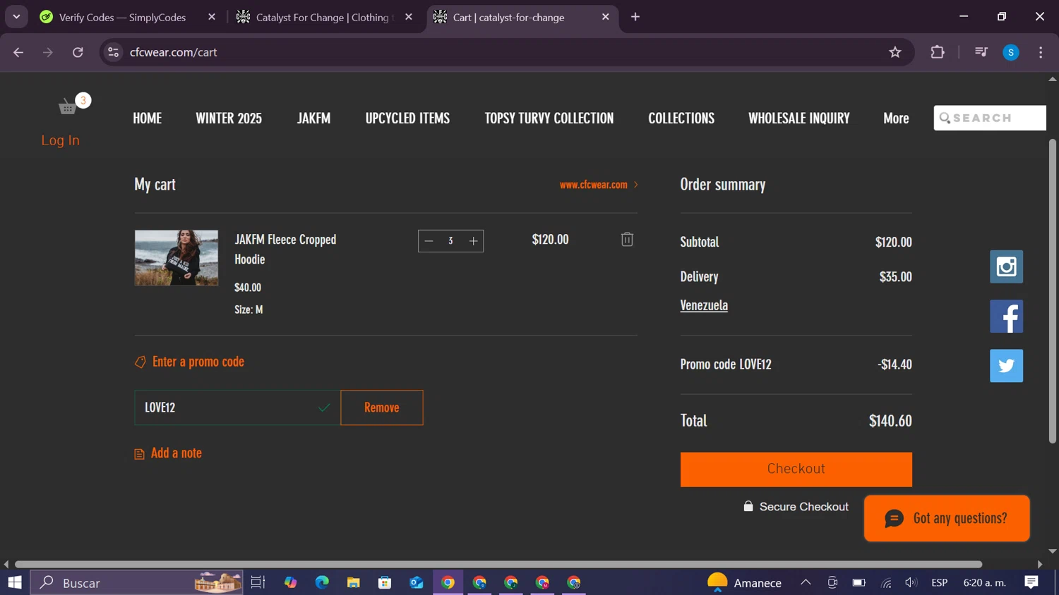 CFC WEAR promo code screenshot showing code LOVE12 applied at CFC WEAR checkout page. Uploaded by SimplyCodes community member CodeExpert981 on Apr 8, 2025